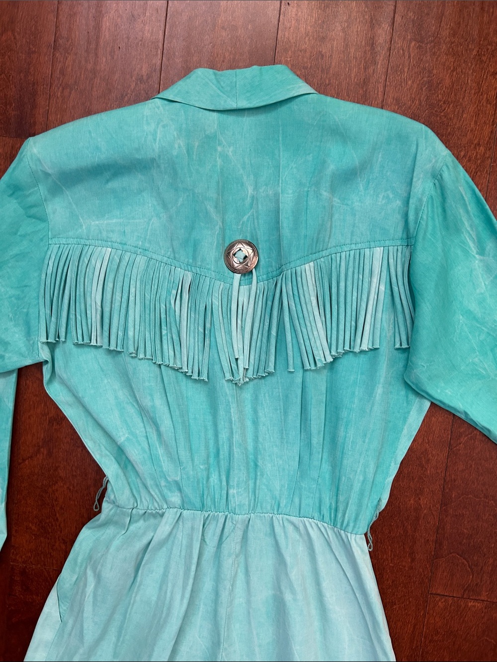Vintage 80s Rabbit Rabbit Rabbit Turquoise Jumpsuit with Fringe & Conchos, Small - Picture 13 of 16